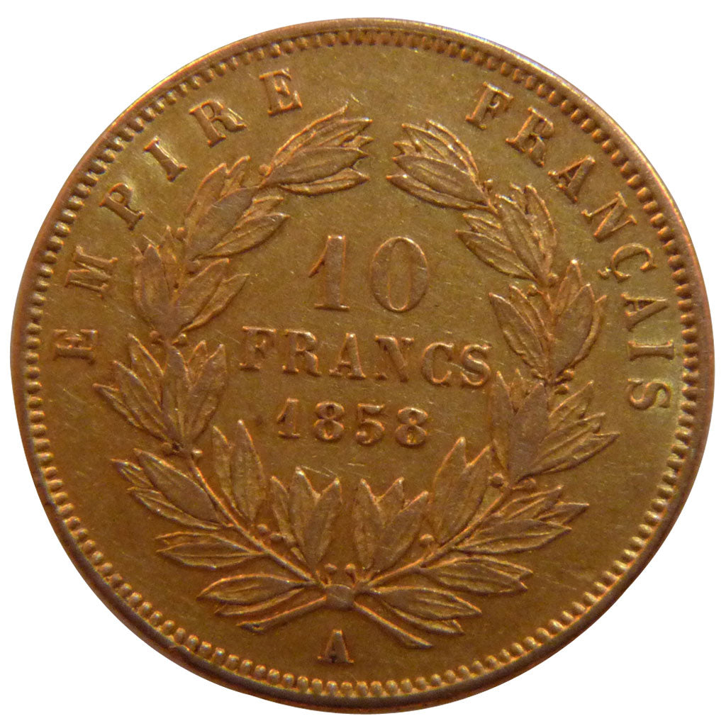 FRANCE, Napoléon III, 10 Francs, 1858, Paris, AU(50-53), Gold, Gadoury #1014, 3.