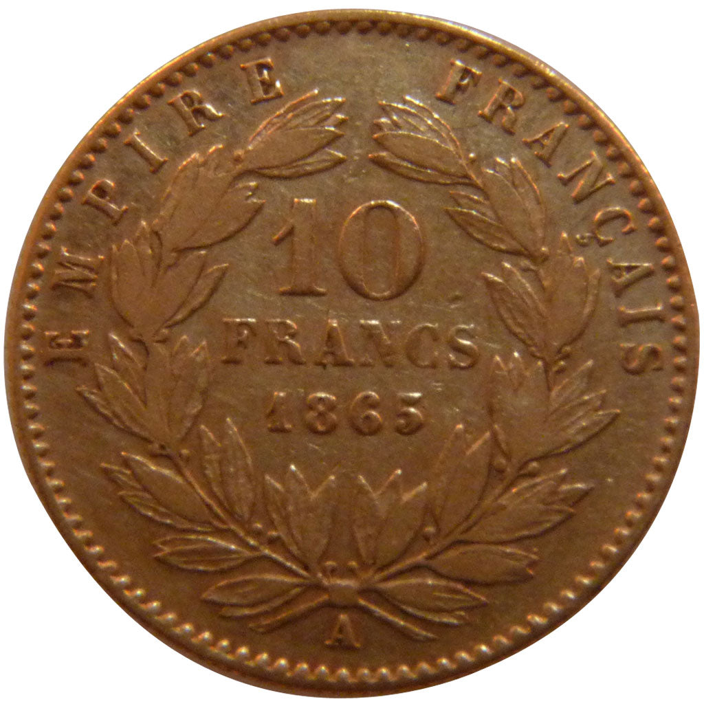 FRANCE, Napoléon III, 10 Francs, 1865, Paris, AU(50-53), Gold, Gadoury #1015, 3.