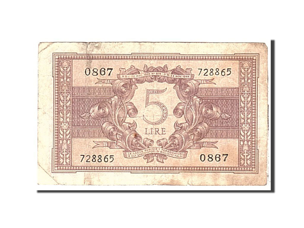 Banknote, Italy, 5 Lire, 1944, 1944-11-23, KM:31c, VF(20-25)