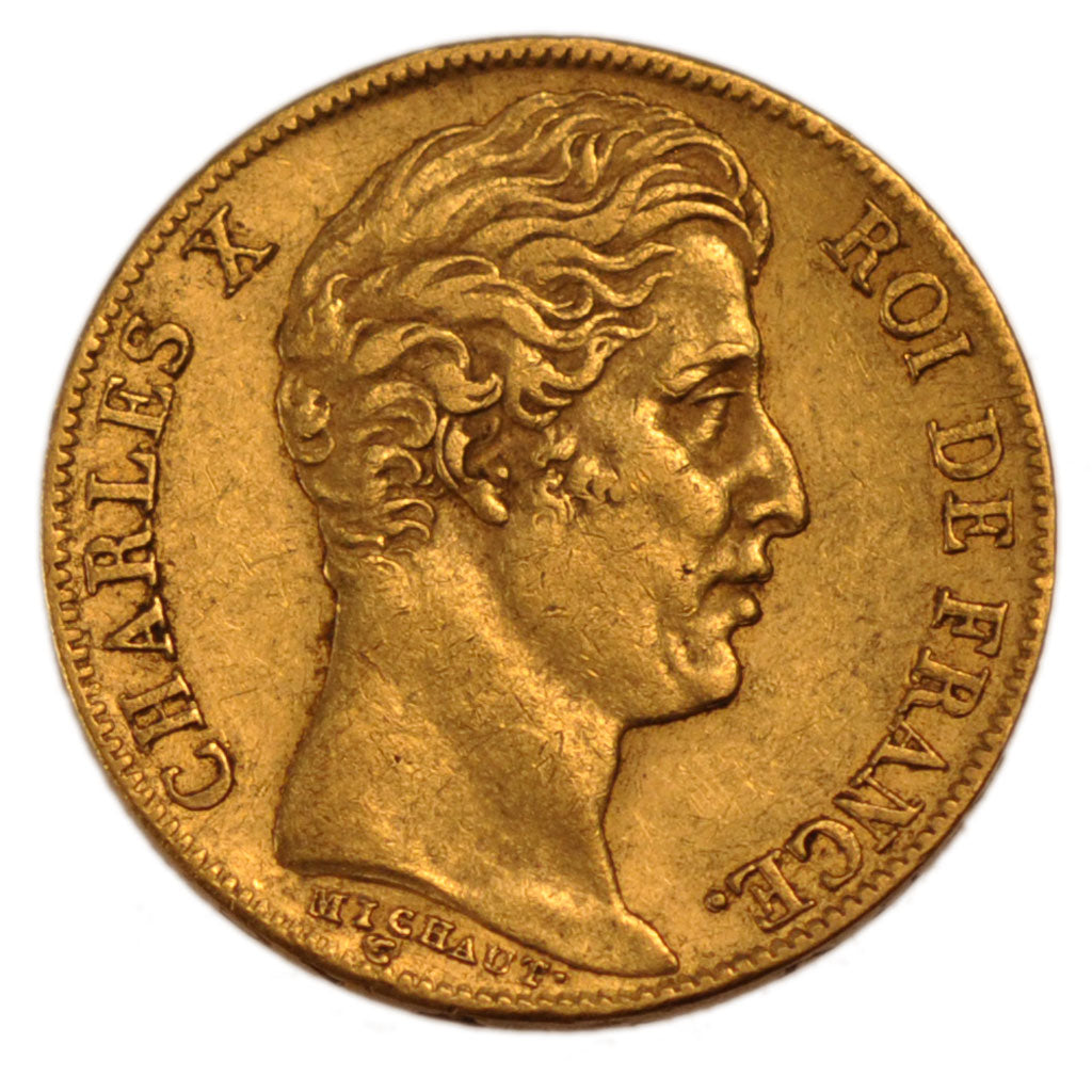 FRANCE, 20 Francs, 1828, Paris, AU(50-53), Gold, Gadoury #1029, 6.50