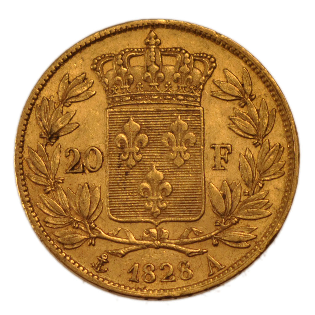 FRANCE, 20 Francs, 1828, Paris, AU(50-53), Gold, Gadoury #1029, 6.50