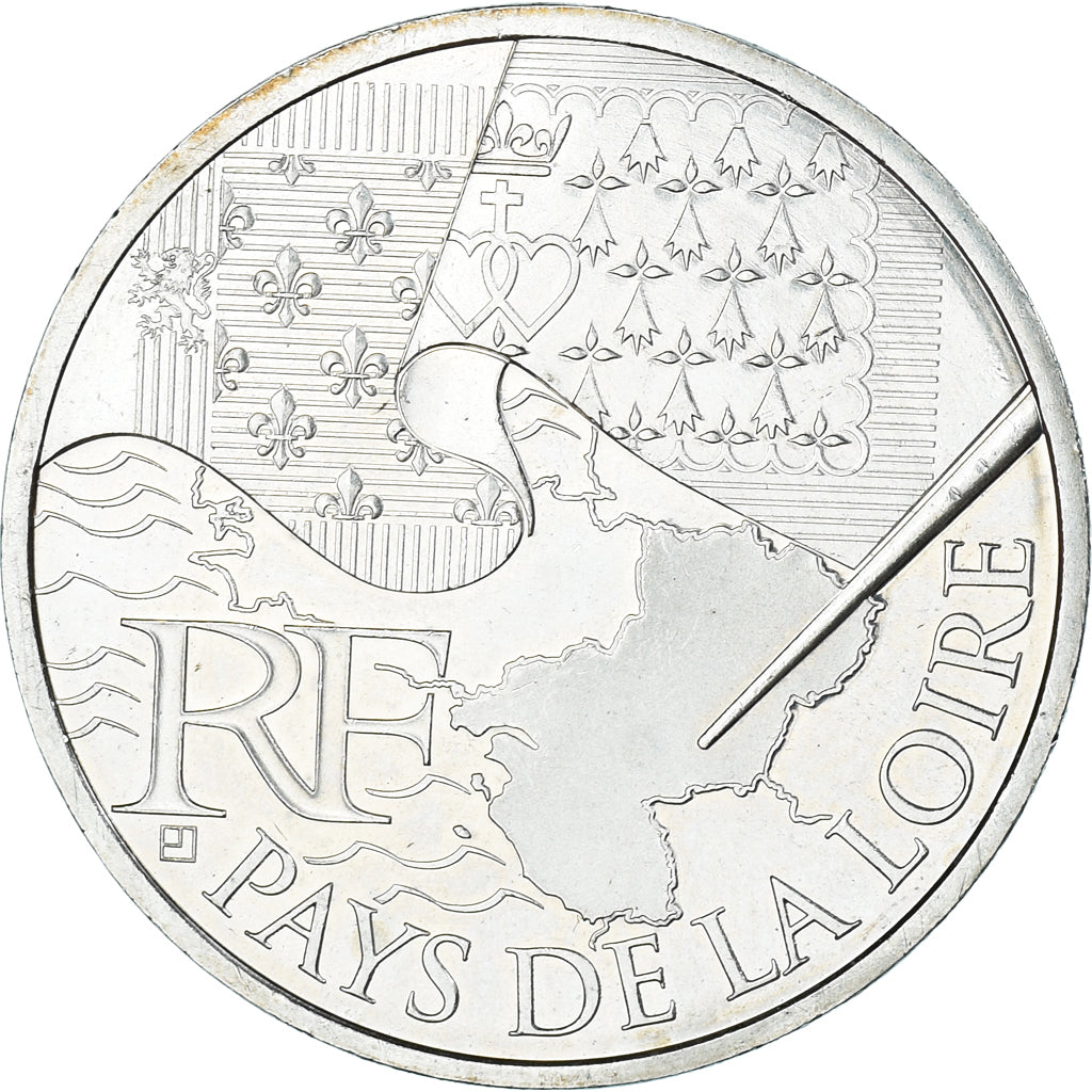 France, 10 Euro, 2010, Paris, Pays De La Loire, MS(60-62), Silver, KM:1665