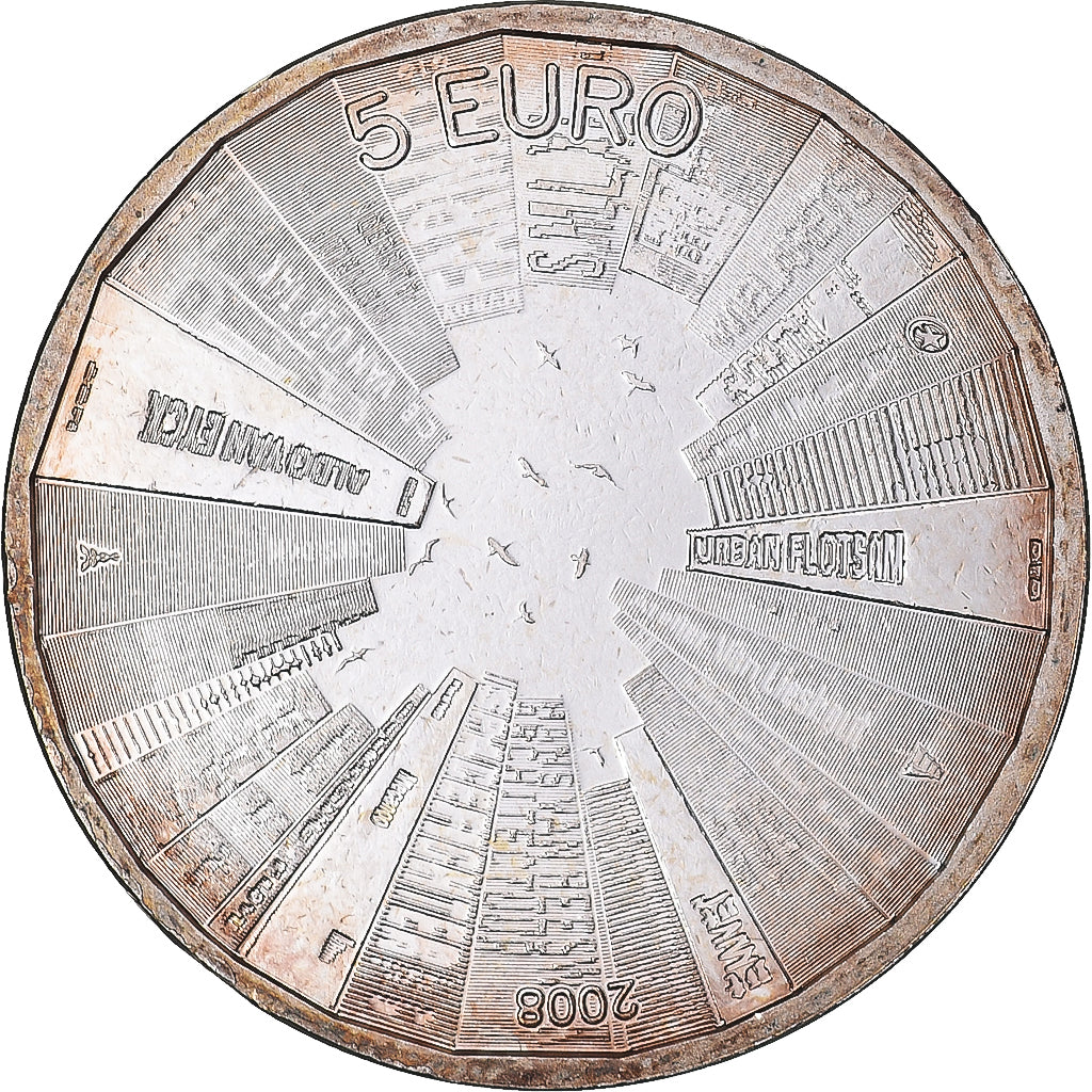 Países Baixos, 5 Euro, 2008, MS(60-62), Aço Cromado a Cobre