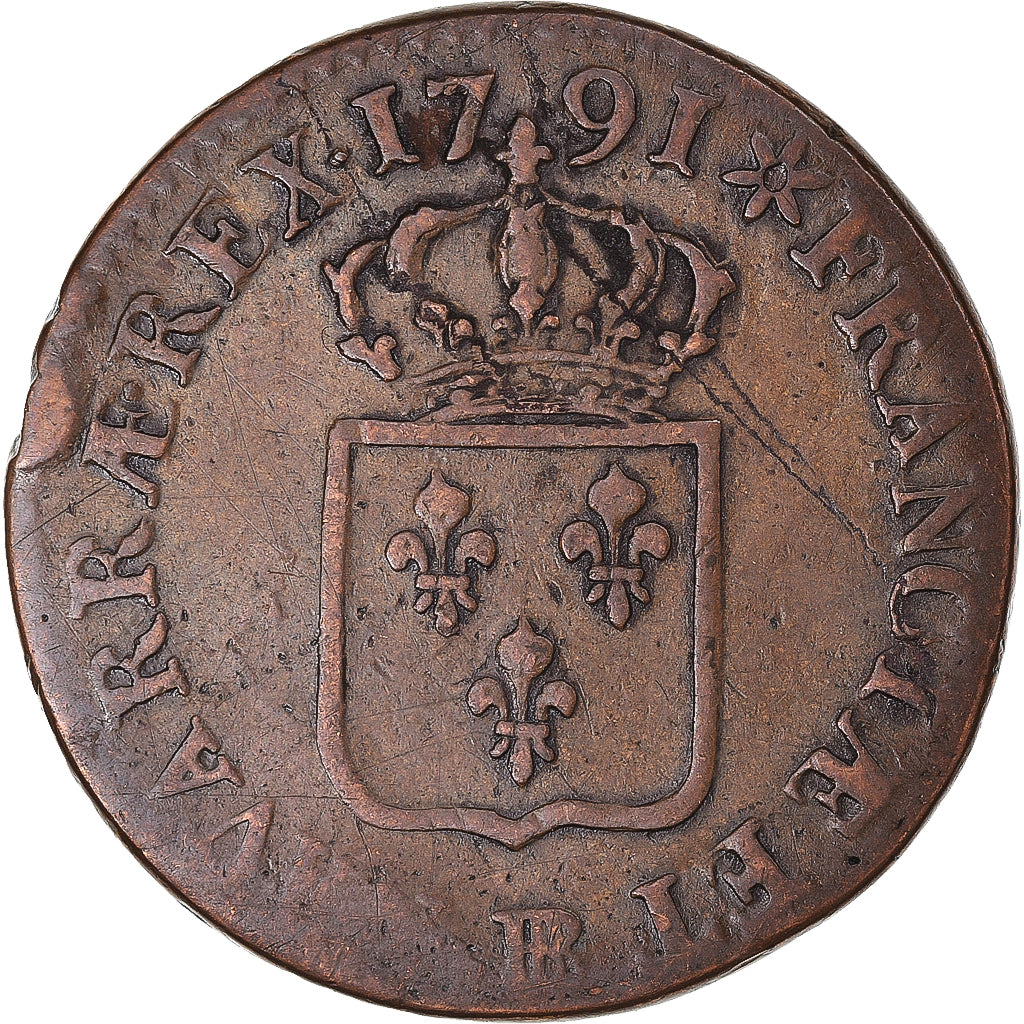 Coin, France, Louis XVI, Sol ou sou, 1791, Strasbourg, VF(30-35), Copper