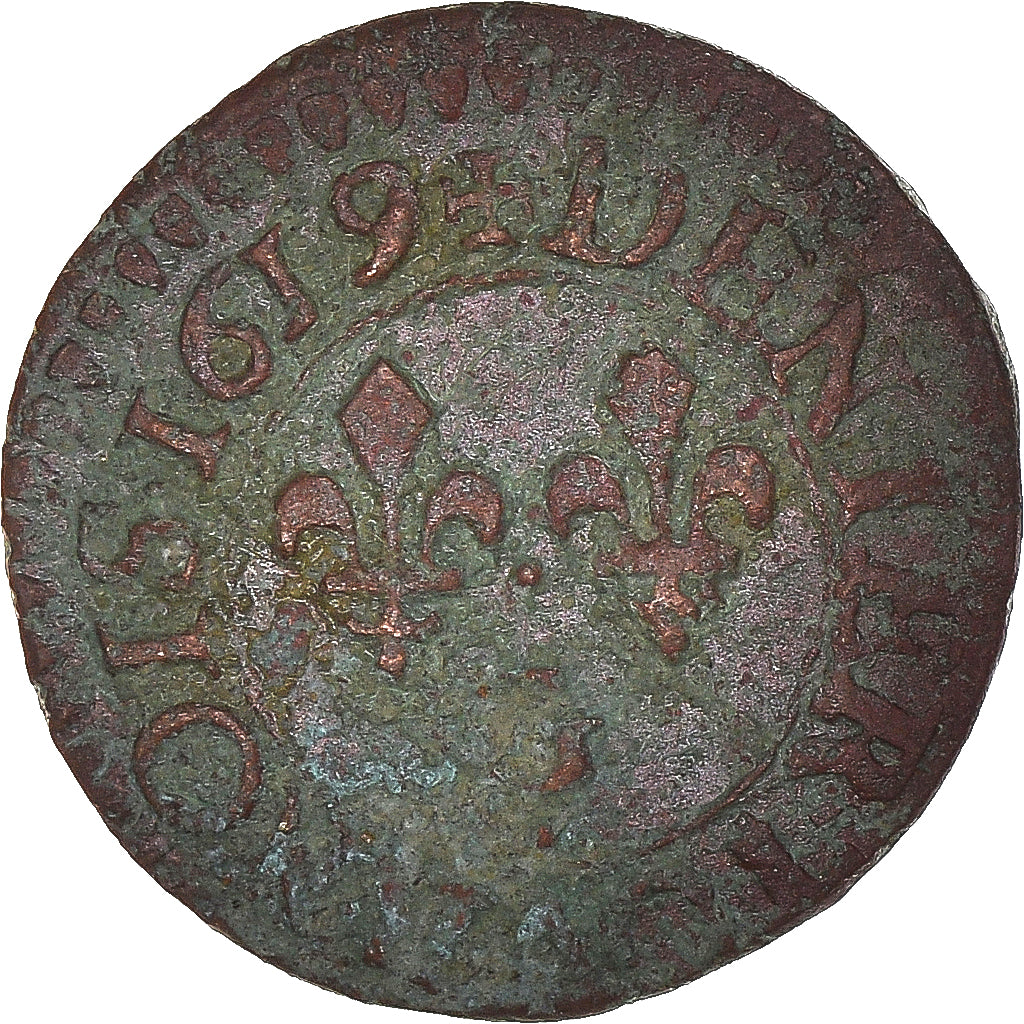 Moeda, França, Louis XIII, Denier Tournois, 1619, Poitiers, VF(20-25), Cobre