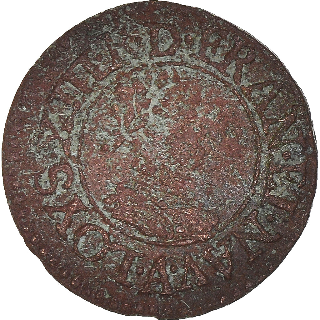 Moeda, França, Louis XIII, Denier Tournois, 1614, Paris, F(12-15), Cobre