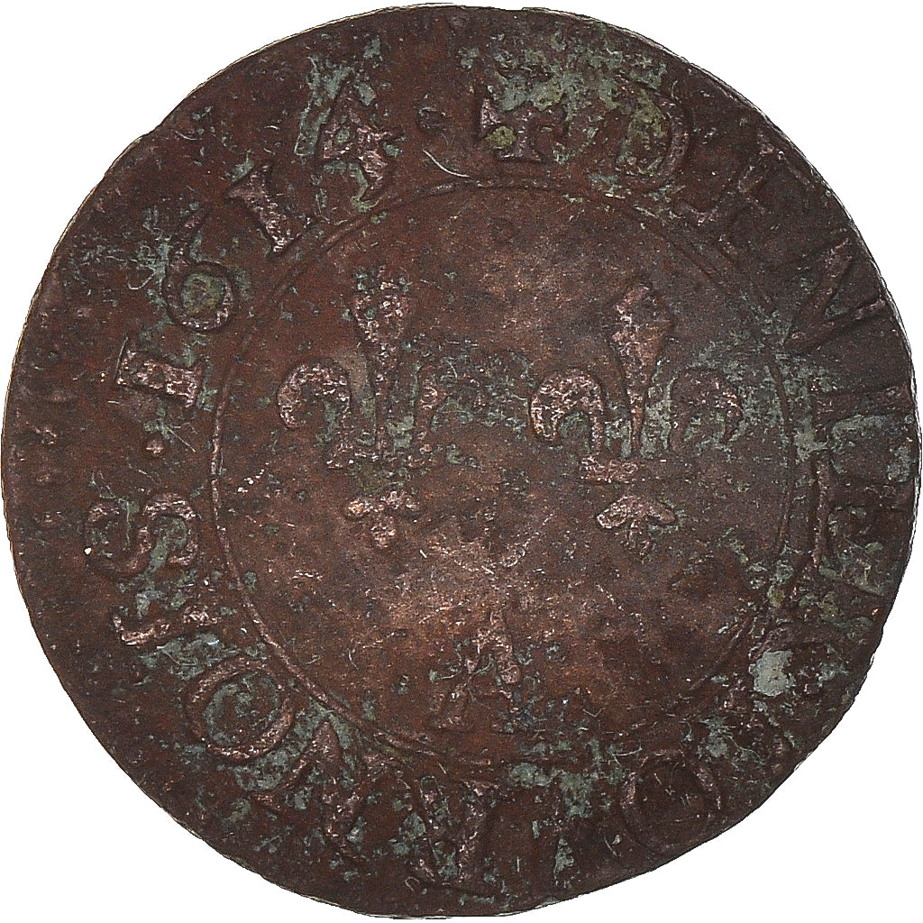Moeda, França, Louis XIII, Denier Tournois, 1614, Paris, F(12-15), Cobre