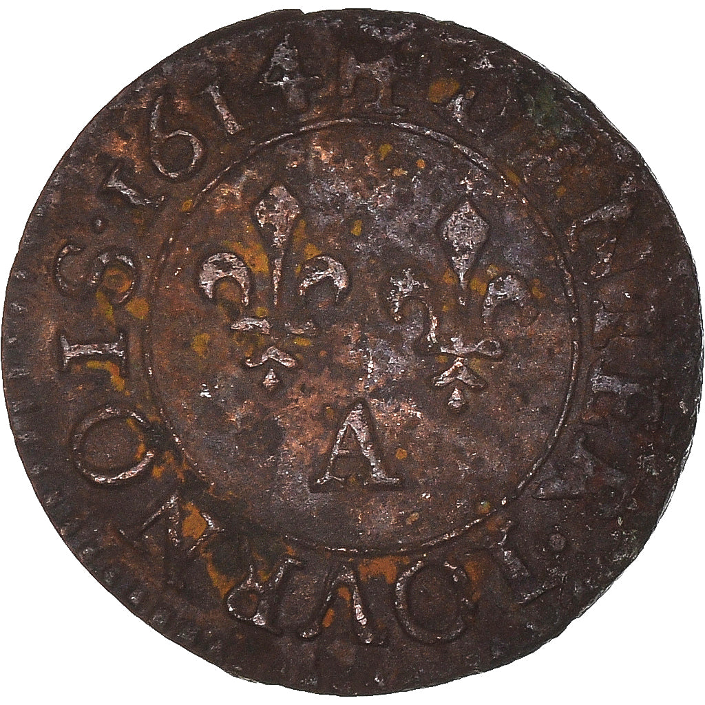 Moneta, Francia, Louis XIII, Denier Tournois, 1614, Paris, B+, Rame