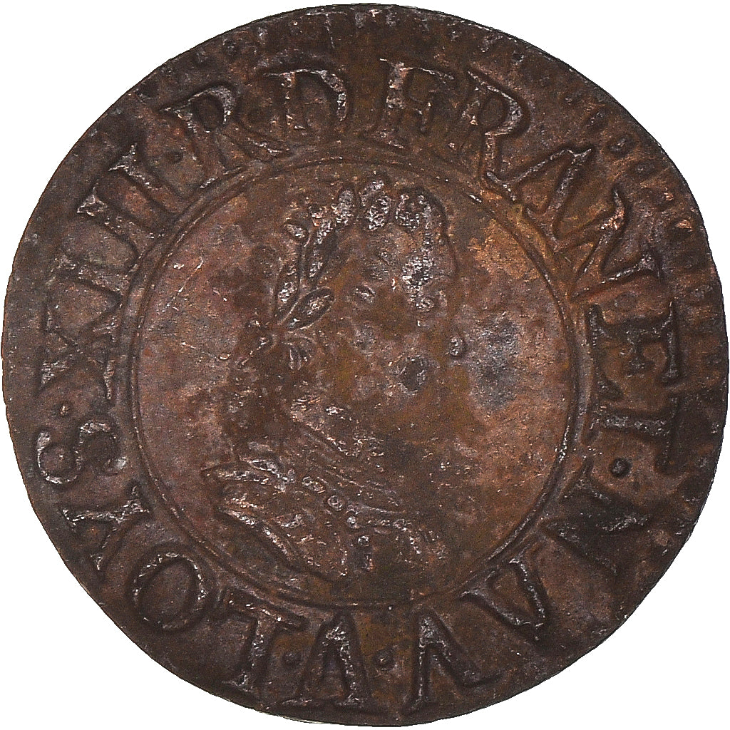 Moneda, Francia, Louis XIII, Denier Tournois, 1614, Paris, MBC, Cobre
