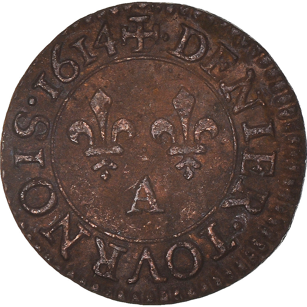 Moneda, Francia, Louis XIII, Denier Tournois, 1614, Paris, MBC, Cobre