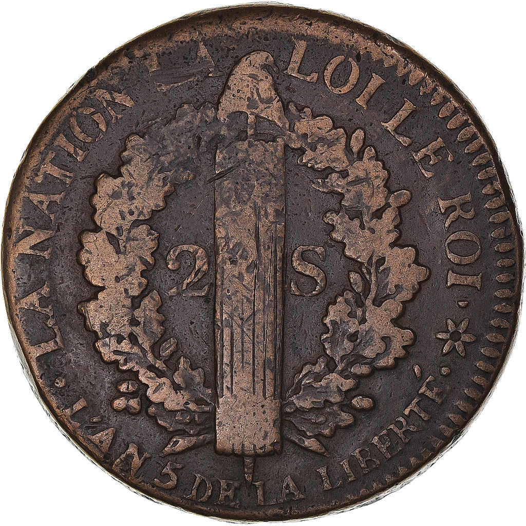 Coin, France, 2 Sols, 1793 - An 5, Strasbourg, Roi des Français, VF(30-35)