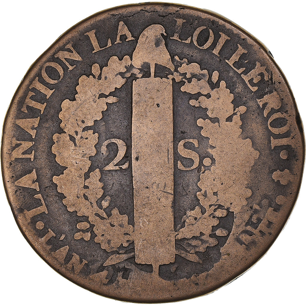 Moneta, Francja, Louis XVI, 2 Sols, 1792 / AN 4, Paris, F(12-15), Miedź