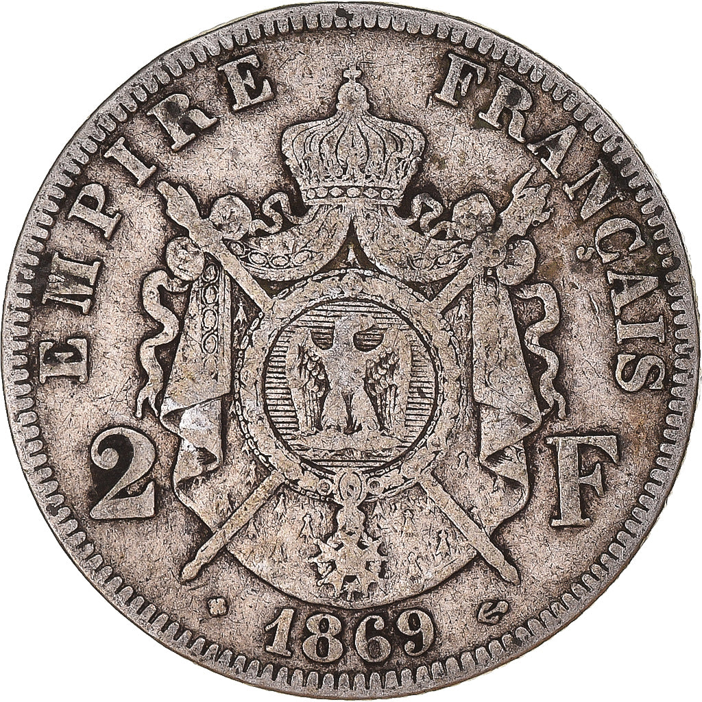 Moneta, Francja, Napoleon III, 2 Francs, 1869, Strasbourg, VF(30-35), Srebro