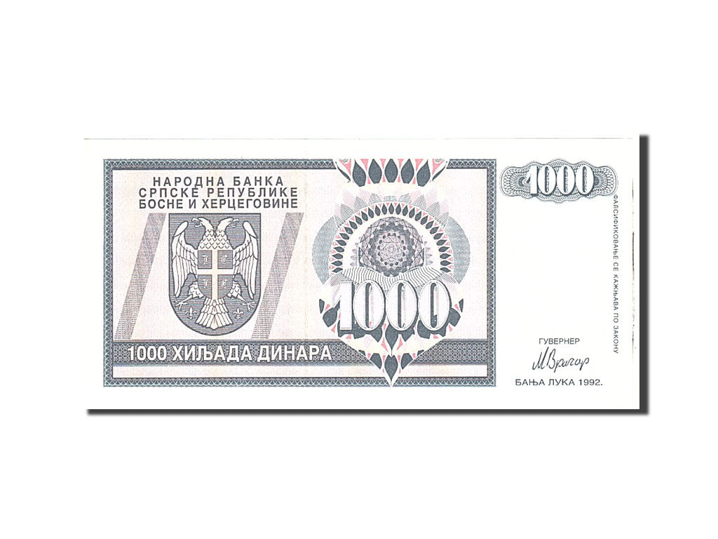 Banknote, Bosnia - Herzegovina, 1000 Dinara, 1992, Undated, KM:137a, UNC(65-70)