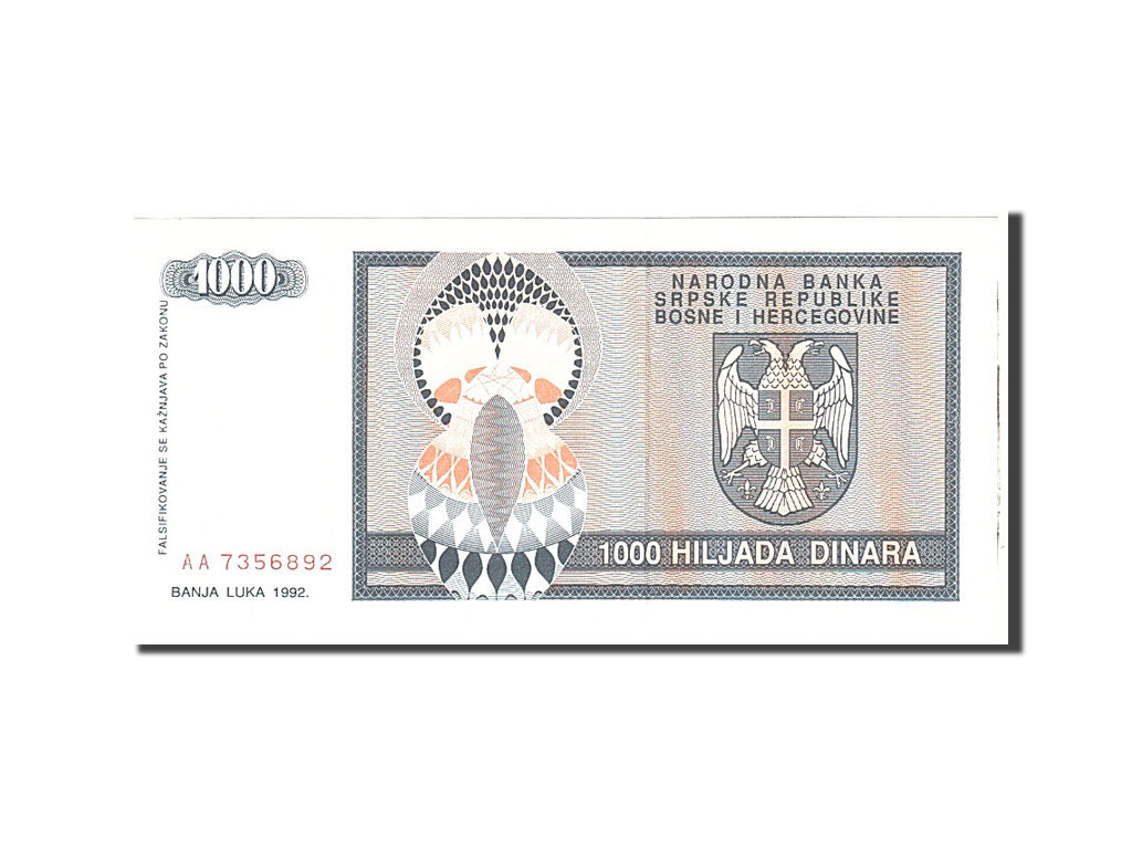 Banknote, Bosnia - Herzegovina, 1000 Dinara, 1992, Undated, KM:137a, UNC(65-70)