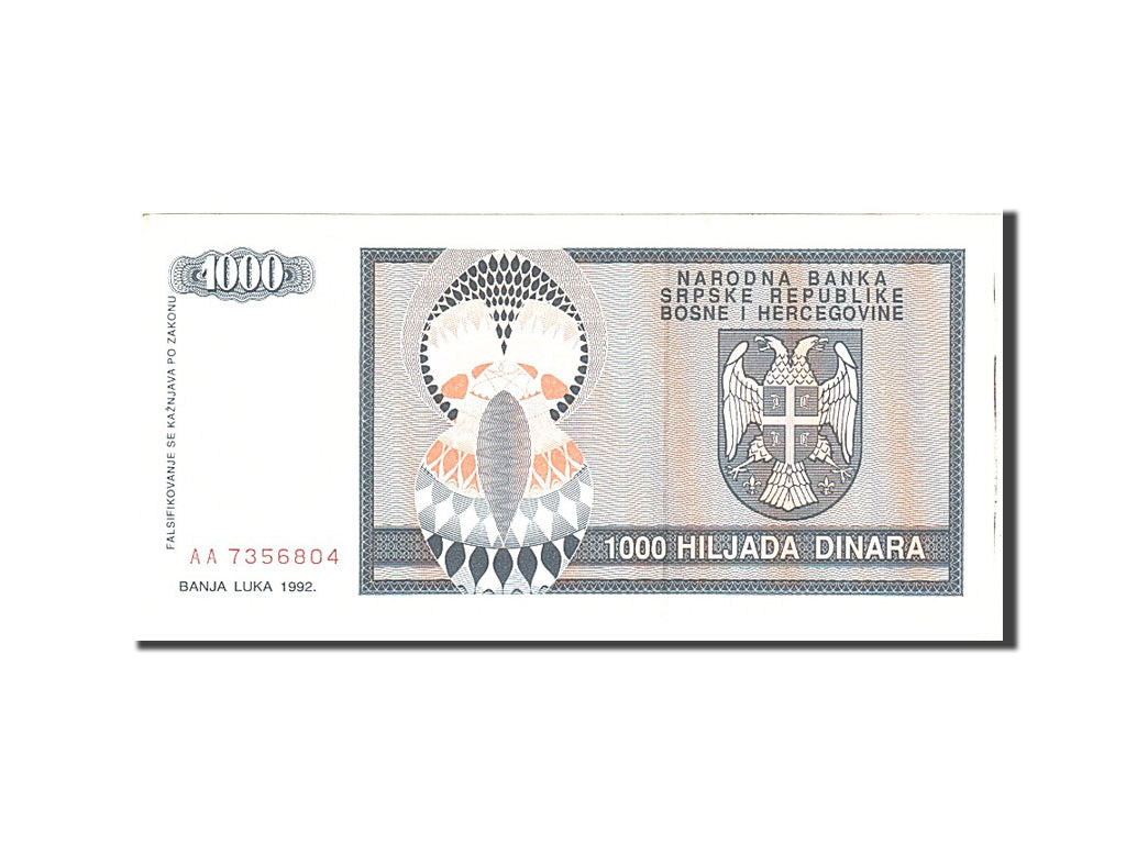 Billet, Bosnia - Herzegovina, 1000 Dinara, 1992, Undated, KM:137a, SPL