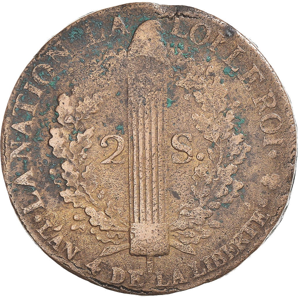 Monnaie, France, Louis XVI, 2 Sols, 1792 / AN 4, Paris, TB, Bronze, Gadoury:25