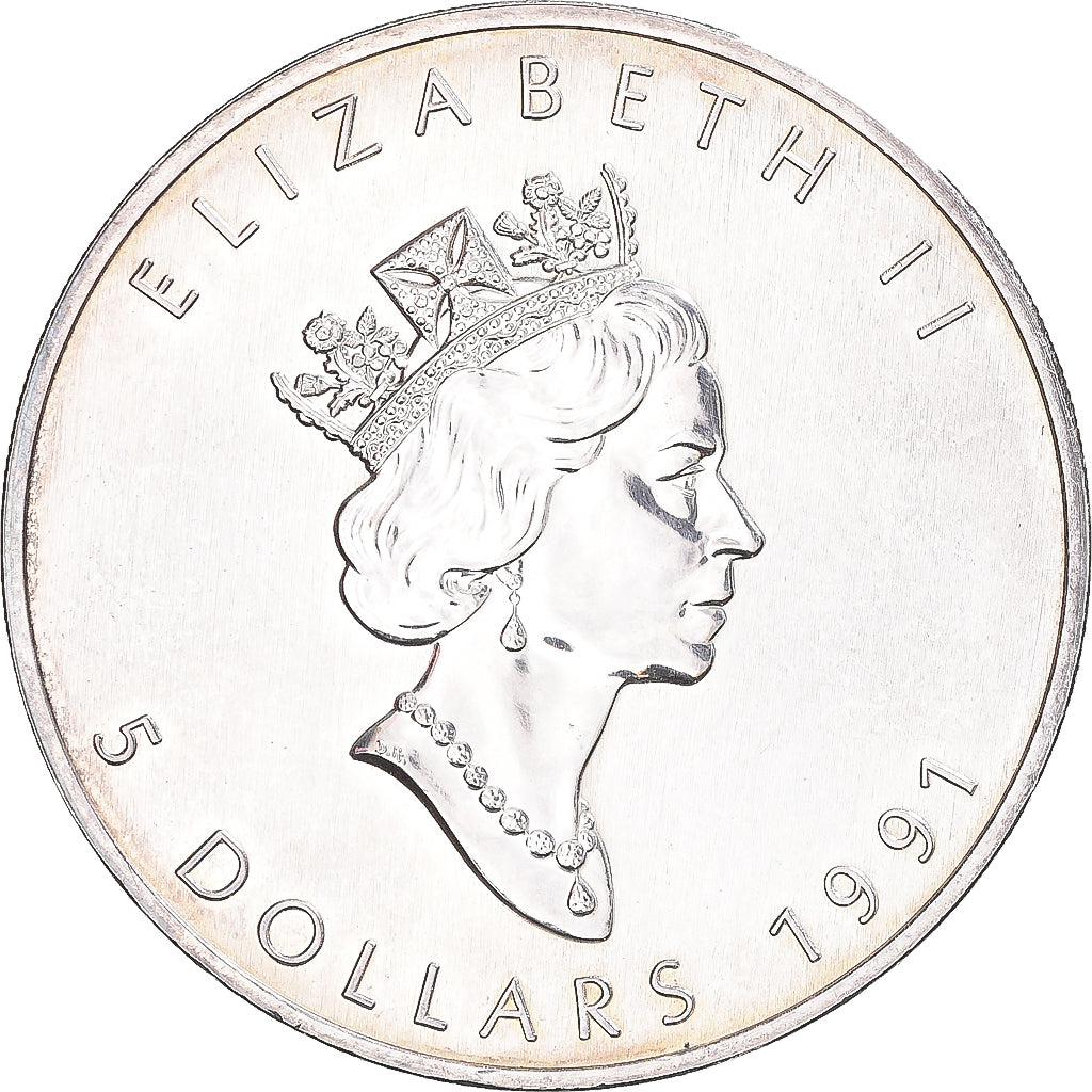 Moneta, Canada, 5 Dollars, 1991, Maple Leaf, SPL+, Argento