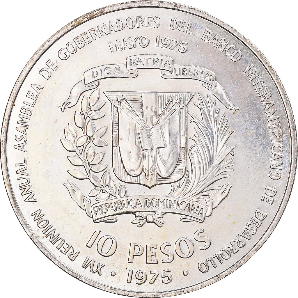 Monnaie, République Dominicaine, 10 Pesos, 1975, SPL+, Argent