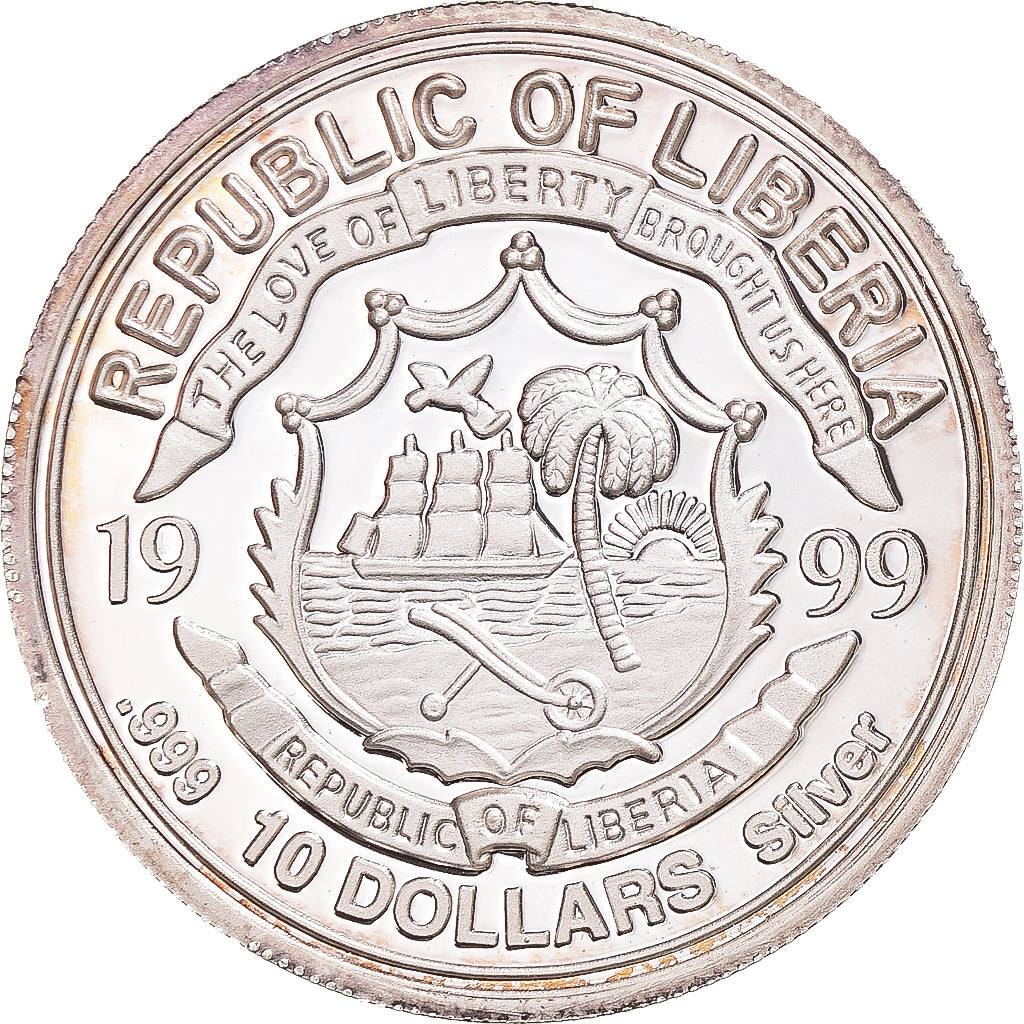 Coin, Liberia, 10 Dollars, 1999, John F. Kennedy, MS(65-70), Silver