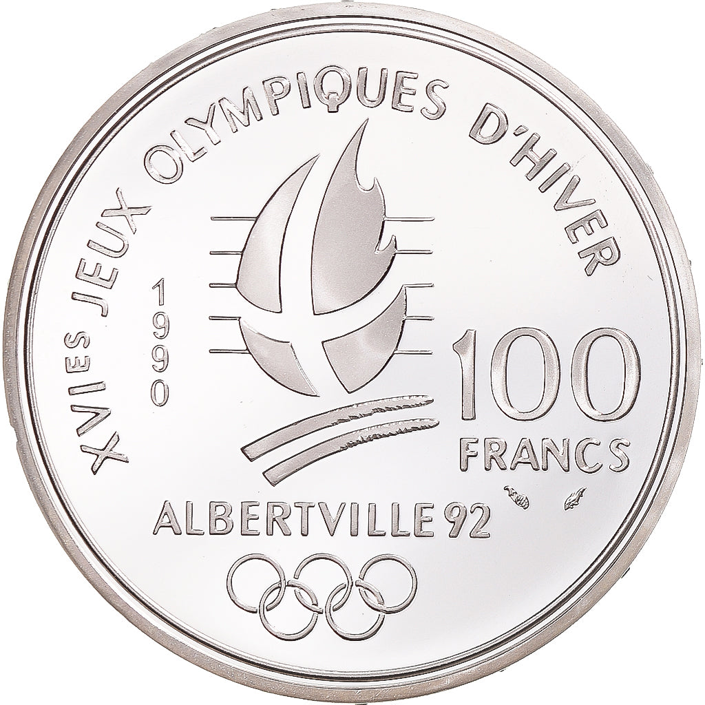 Moneda, Francia, Albertville 1992, 100 Francs, 1990, Paris, FDC, Plata