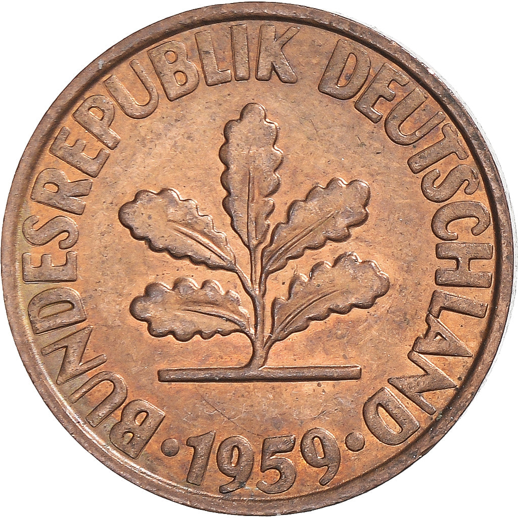 Moneda, ALEMANIA - REPÚBLICA FEDERAL, 2 Pfennig, 1959, Karlsruhe, BC+, Cobre