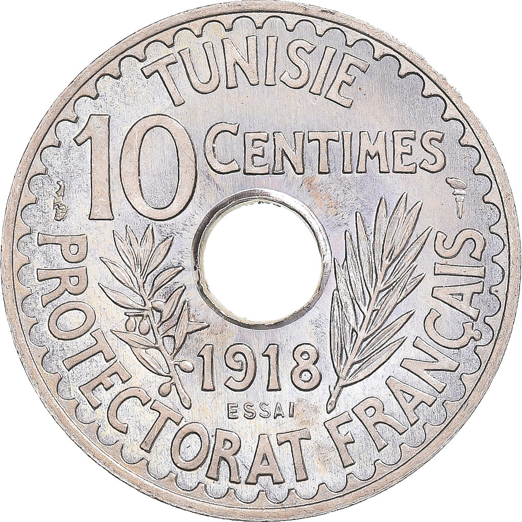 Monnaie, Tunisie, Muhammad al-Nasir Bey, 10 Centimes, 1918, Paris, ESSAI, SUP+