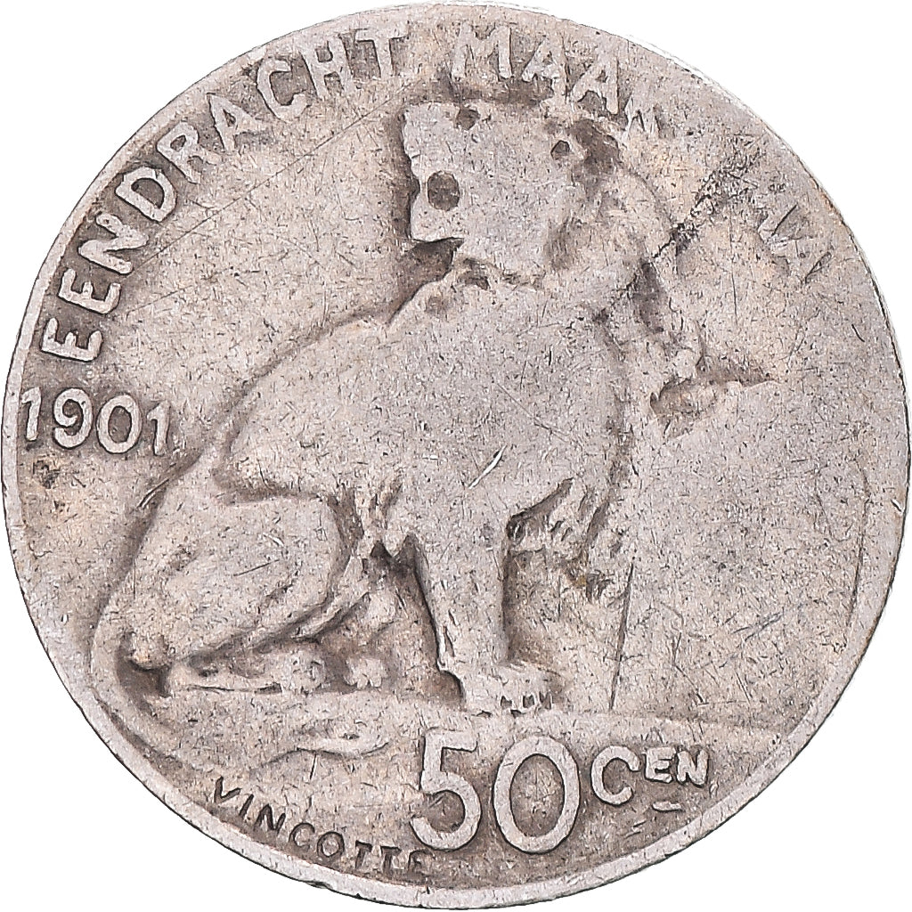 Coin, Belgium, Leopold II, 50 Centimes, 1901, legend in dutch, F(12-15), Silver