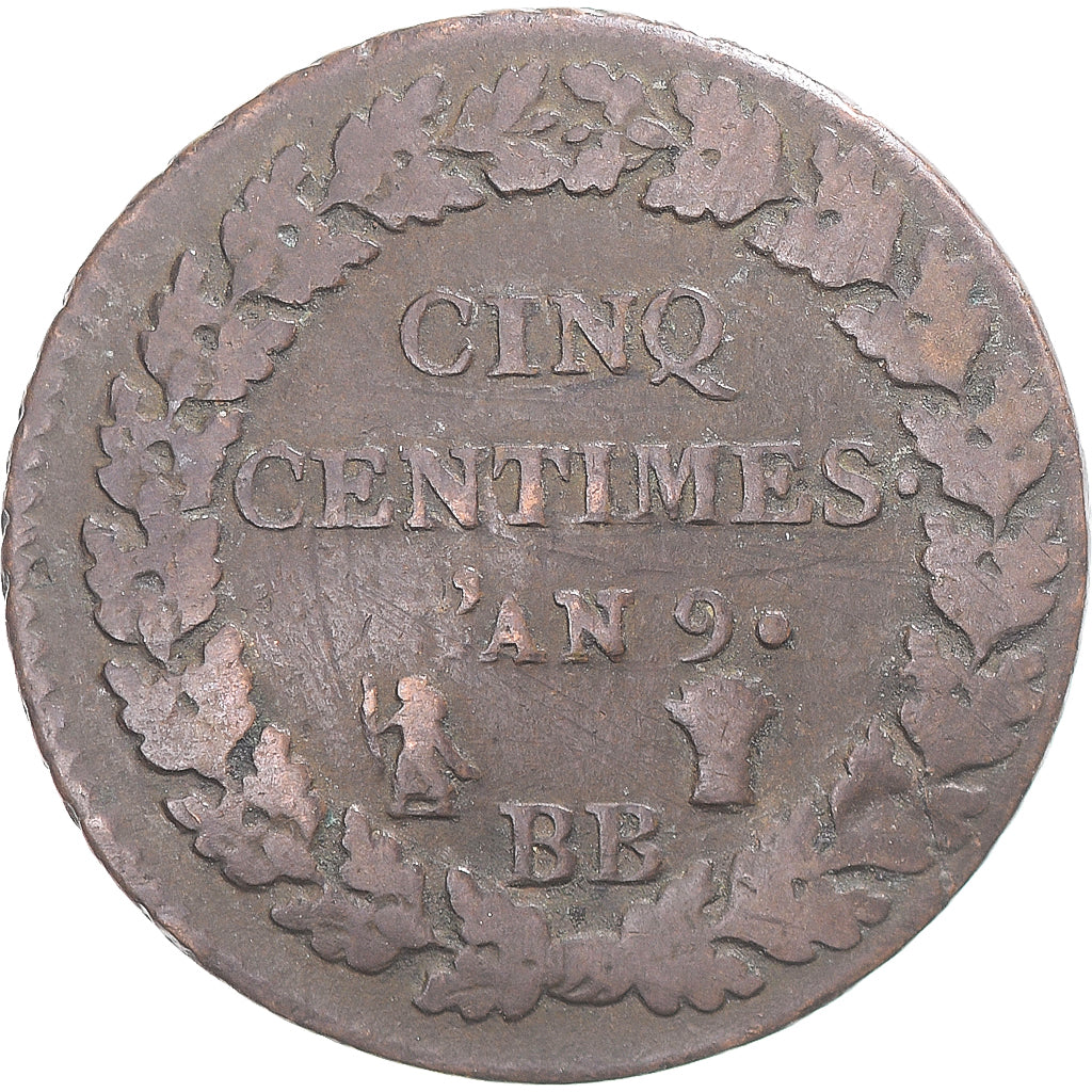 Moneta, Francia, 5 Centimes, AN 9, Strasbourg, B+, Bronzo, Gadoury:126b