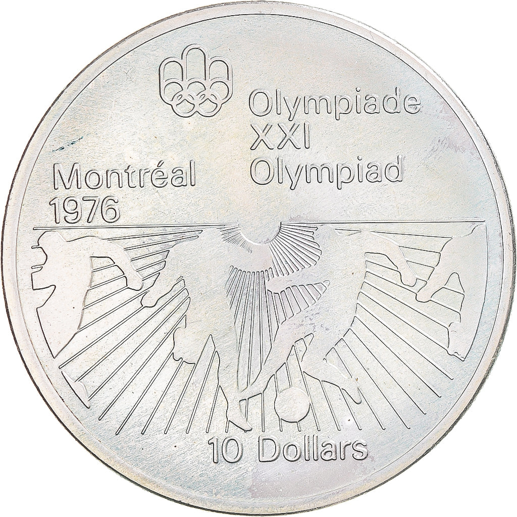 Moeda, Canadá, 1976 Olympics - Football, 10 Dollars, 1976, MS(63), Prata