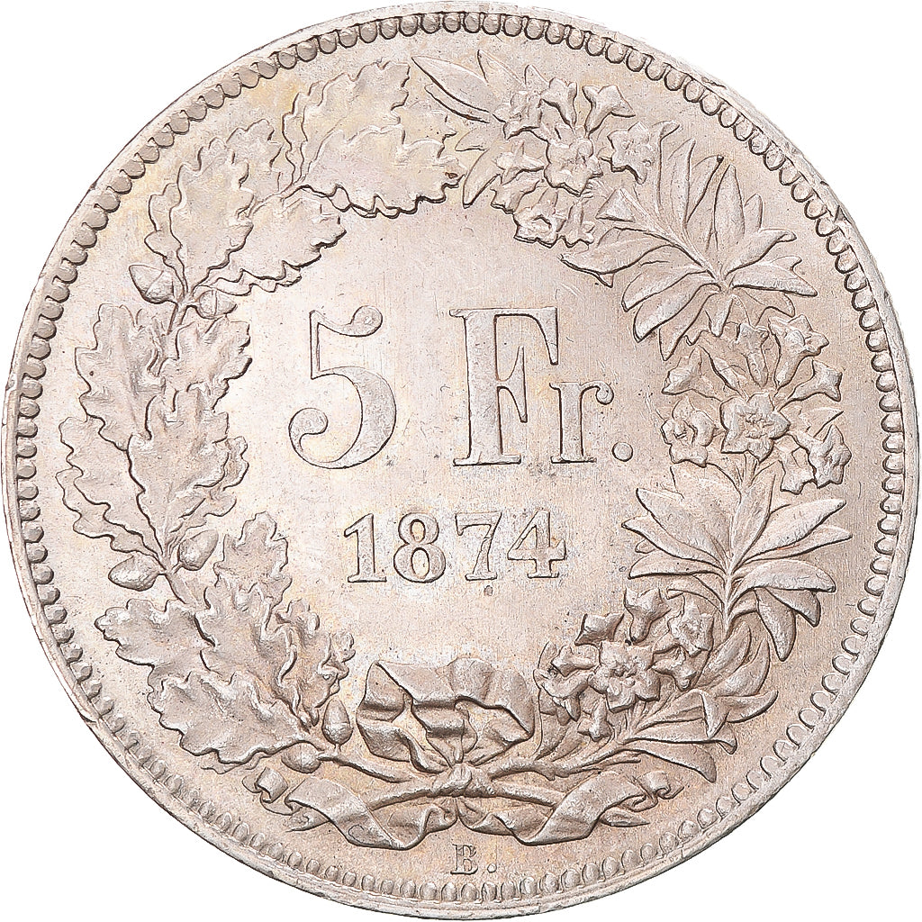 Coin, Switzerland, Helvetia, 5 Francs, 1874, Bern, MS(60-62), Silver