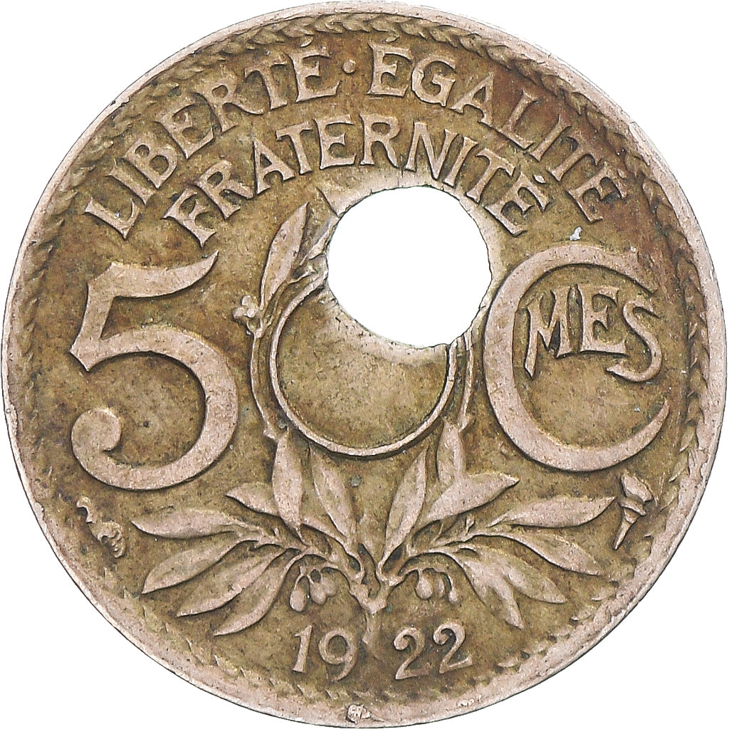 Coin, France, 5 Centimes, 1922, Paris, Trou Décentré, EF(40-45), Cupronickel