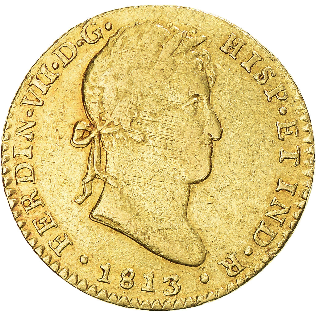 Moneda, España, Ferdinand VII, 2 Escudos, 1813, Cadiz, BC+, Oro