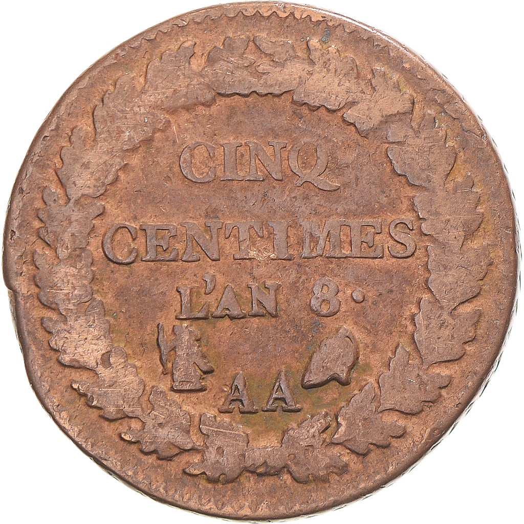 Moeda, França, Dupré, 5 Centimes, AN 8, Metz, VF(20-25), Bronze, Gadoury:126