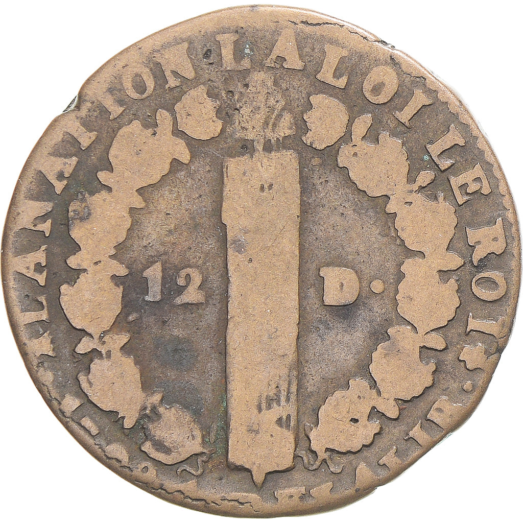 Moeda, França, Louis XVI, 12 Deniers, 1792 / AN 4, Clermont-Ferrand, F(12-15)