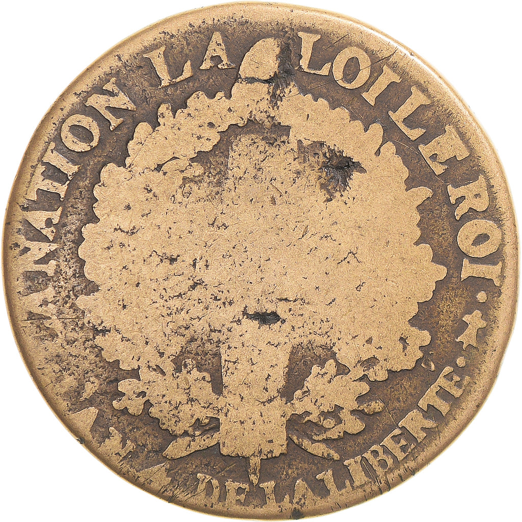 Moeda, França, Louis XVI, 2 Sols, 1792 / AN 4, Metz, F(12-15), Métal de