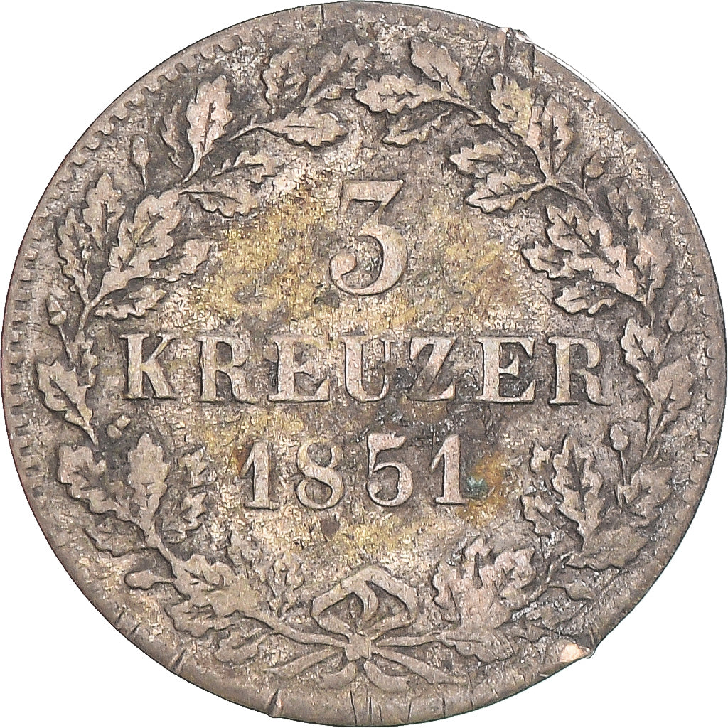 Coin, German States, Guillaume I, 3 Kreuzer, 1851, VF(30-35), Silver
