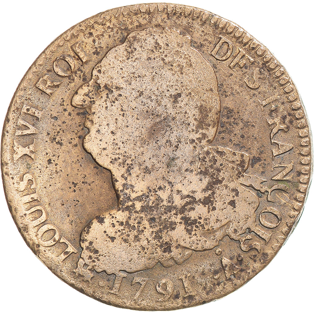 Munten, Frankrijk, Louis XVI, 2 Sols, 1791, Paris, ZG+, Koper, Gadoury:25