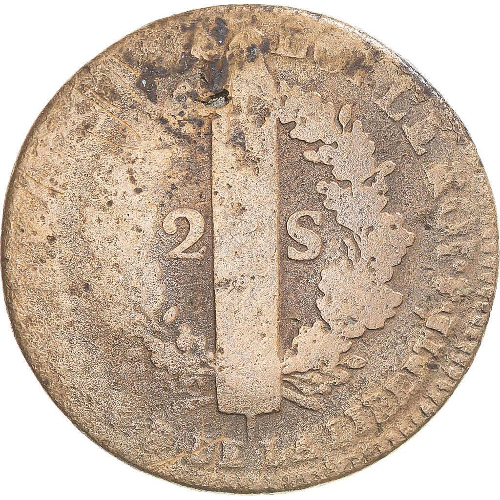 Munten, Frankrijk, Louis XVI, 2 Sols, 1791, Paris, ZG+, Koper, Gadoury:25