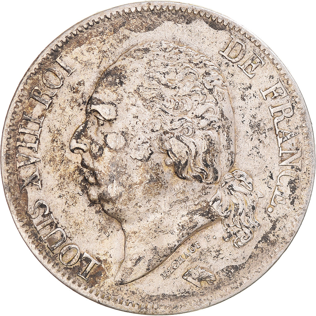 Moeda, França, Louis XVIII, 5 Francs, 1824, Lille, EF(40-45), Prata