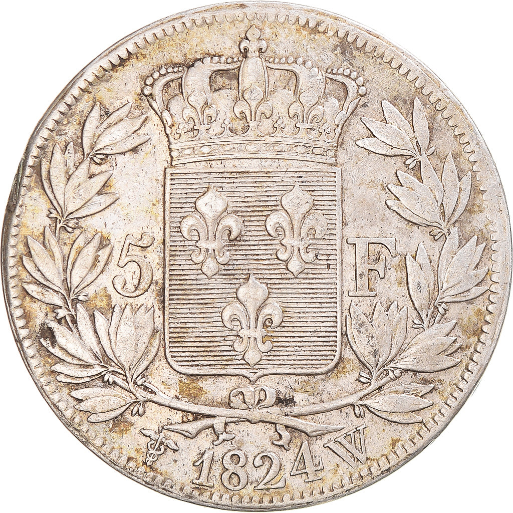 Moeda, França, Louis XVIII, 5 Francs, 1824, Lille, EF(40-45), Prata