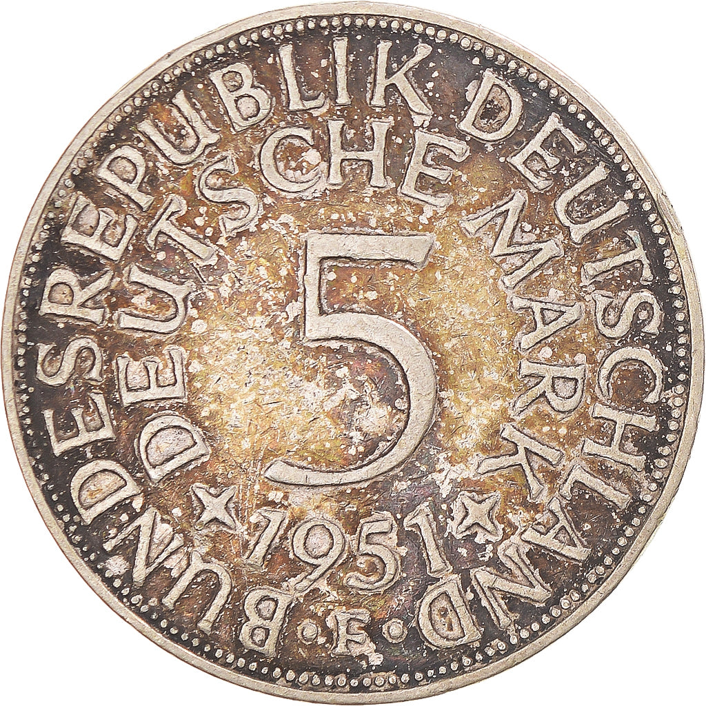 Coin, GERMANY - FEDERAL REPUBLIC, 5 Mark, 1951, Stuttgart, VF(30-35), Silver