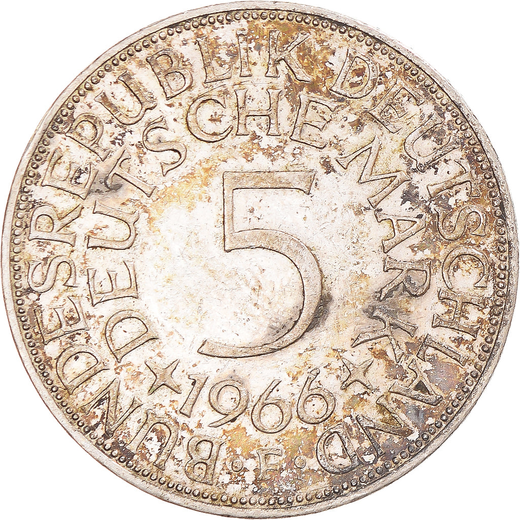 Coin, GERMANY - FEDERAL REPUBLIC, 5 Mark, 1966, Stuttgart, EF(40-45), Silver