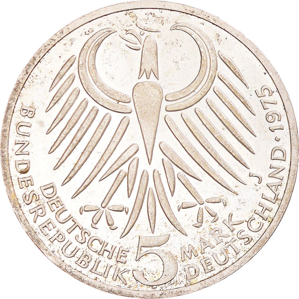 Münze, Bundesrepublik Deutschland, Friedrich Ebert, 5 Mark, 1975, Hamburg, SS+