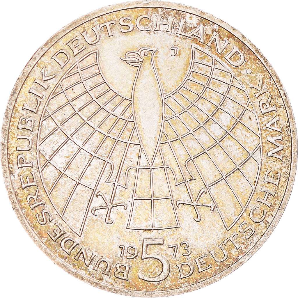 Coin, GERMANY - FEDERAL REPUBLIC, 5 Mark, 1973, Hamburg, EF(40-45), Silver