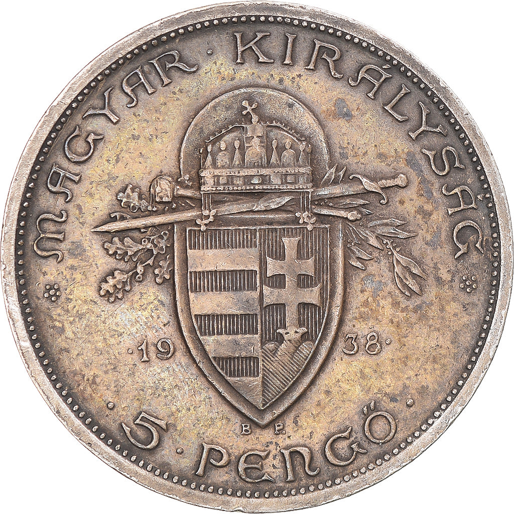 Coin, Hungary, Miklós Horthy, 5 Pengö, 1938, BP., AU(50-53), Silver