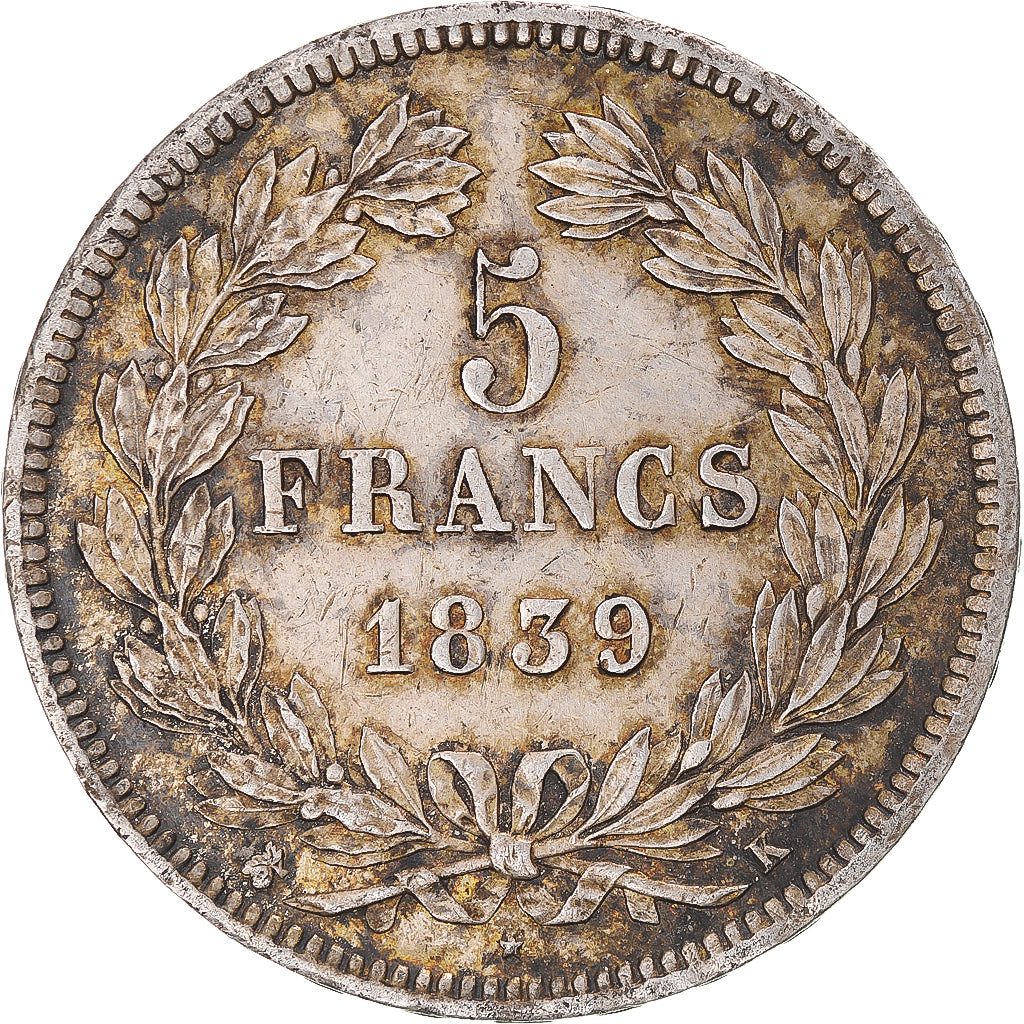 Moeda, França, Louis-Philippe, 5 Francs, 1839, Bordeaux, VF(30-35), Prata