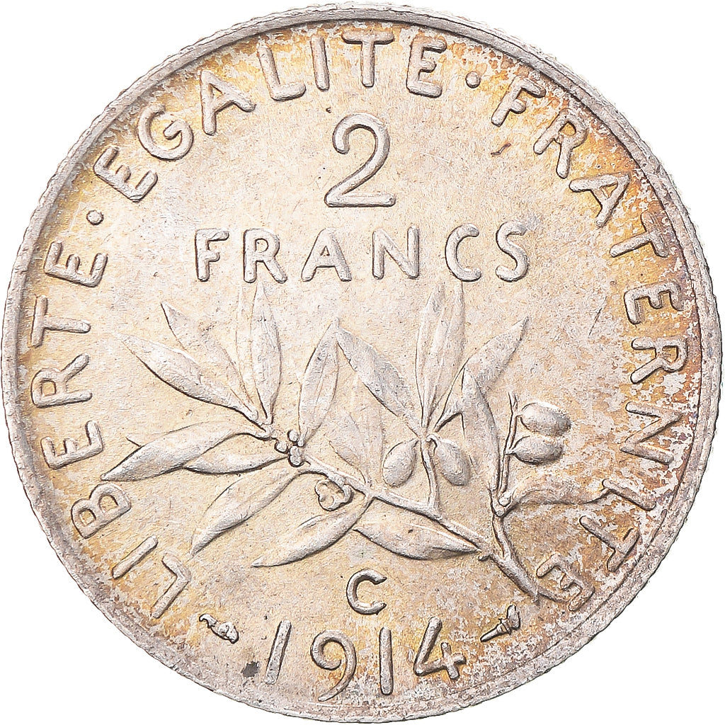 Moeda, França, Semeuse, 2 Francs, 1914, Castelsarrasin, AU(55-58), Prata