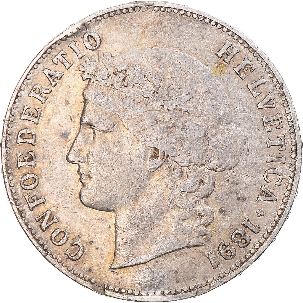Moneda, Suiza, Helvetia, 5 Francs, 1891, Bern, BC+, Plata