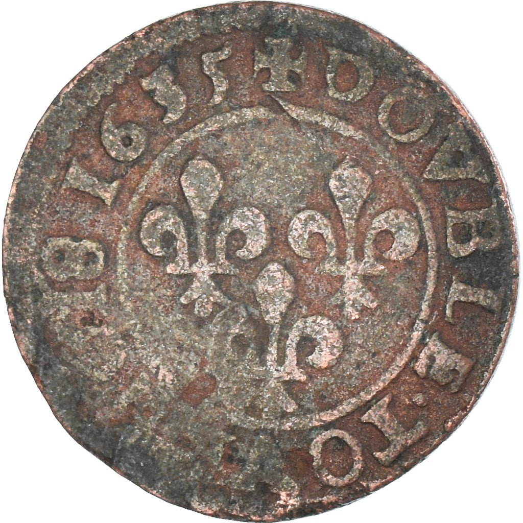 Moneta, Francia, Louis XIII, Double Tournois, 1635, Lyon, MB, Rame, CGKL:352.B